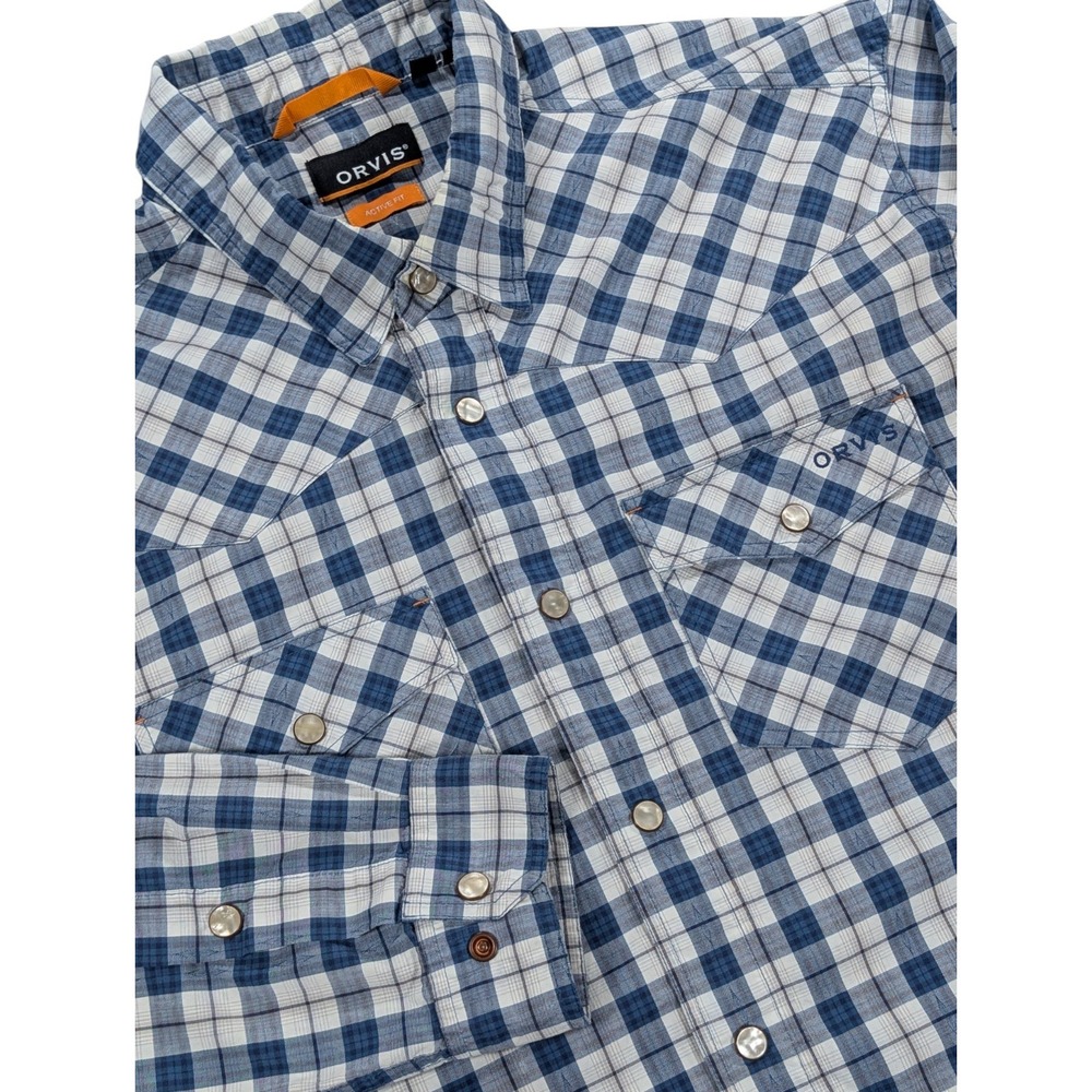 Orvis Shirt Men's Large Blue White Plaid Flannel Western Yoke Pearl Snap Cowboy